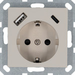 Розетка с заземлением Jasmart 16А+2USB A+С(5V 3A, 12V 1,5A,  max. 18W), тауп, Jasmart